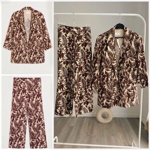 Mango Linen Blend Tropical Co-Ord Set Blazer Pants XS